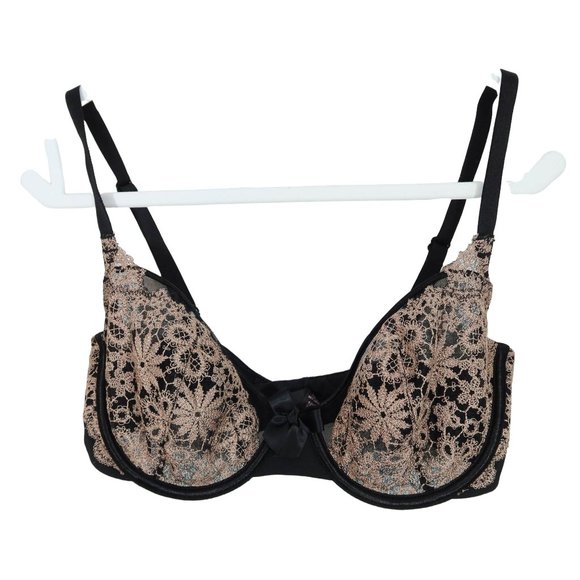 VICTORIA'S SECRET 34D Black Tan Embroidered Unlined Sheer Underwire Demi Bra - Picture 1 of 6